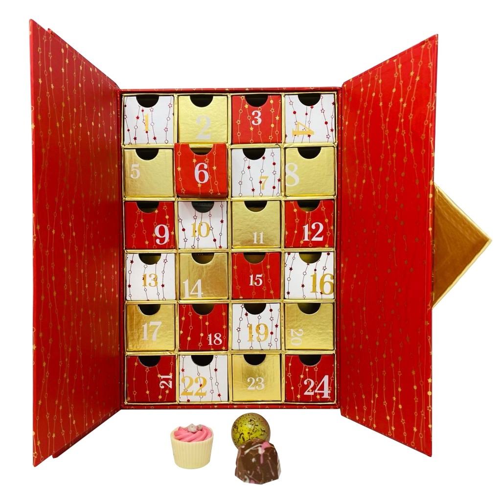 Praline ciocolata belgiana Valentino, Advent calendar Astral red, 375g